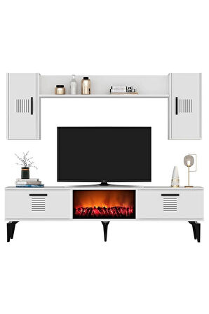 ASİMODH TV ÜNİTESİ ŞÖMİNELİ TAKIM BEYAZ-BEYAZ