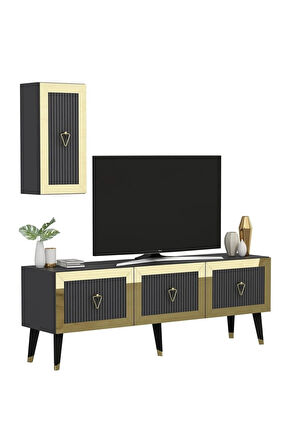 BAREDH 150 CM LAZER DESENLİ TV ÜNİTESİ ANTRASİT-ALTIN