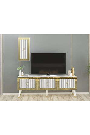 BAREDH 150 CM LAZER DESENLİ TV ÜNİTESİ BEYAZ-ALTIN