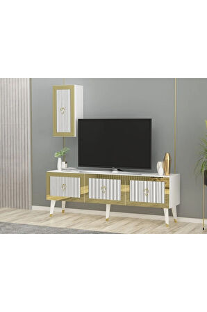 BAREDH 150 CM LAZER DESENLİ TV ÜNİTESİ BEYAZ-ALTIN