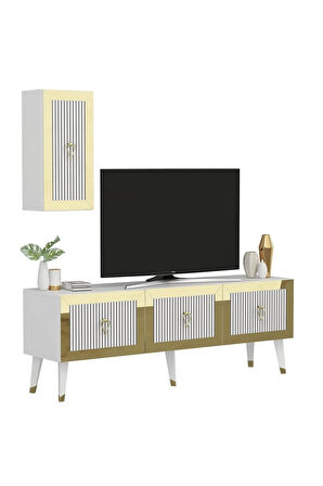 BAREDH 150 CM LAZER DESENLİ TV ÜNİTESİ BEYAZ-ALTIN