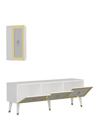 BAREDH 150 CM LAZER DESENLİ TV ÜNİTESİ BEYAZ-ALTIN