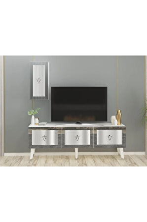 BAREDH 150 CM LAZER DESENLİ TV ÜNİTESİ BEYAZ-GÜMÜŞ