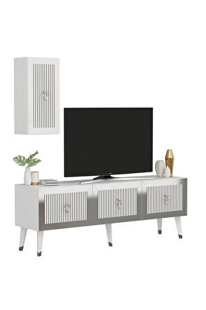 BAREDH 150 CM LAZER DESENLİ TV ÜNİTESİ BEYAZ-GÜMÜŞ