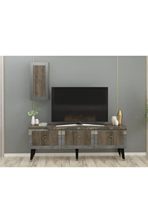 BAREDH 150 CM LAZER DESENLİ TV ÜNİTESİ CEVİZ-GÜMÜŞ