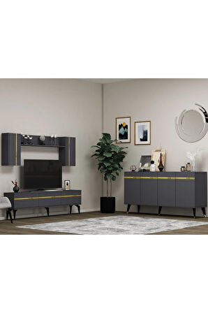 DEFNEDH 180 CM TV ÜNİTESİ VE KONSOL  2'Lİ SALON TAKIMI ANTRASİT ALTIN