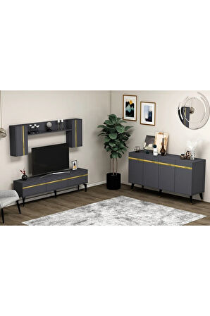 DEFNEDH 180 CM TV ÜNİTESİ VE KONSOL  2'Lİ SALON TAKIMI ANTRASİT ALTIN
