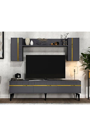 DEFNEDH 180 CM TV ÜNİTESİ VE KONSOL  2'Lİ SALON TAKIMI ANTRASİT ALTIN