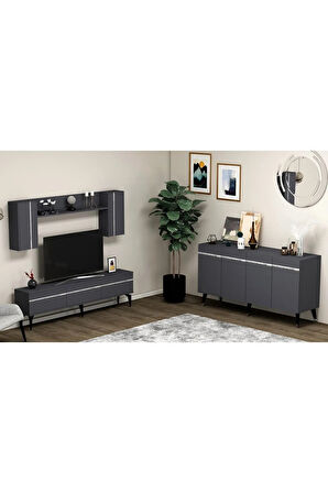 DEFNEDH 180 CM TV ÜNİTESİ VE KONSOL  2'Lİ SALON TAKIMI ANTRASİT GÜMÜŞ