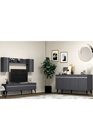 DEFNEDH 180 CM TV ÜNİTESİ VE KONSOL  2'Lİ SALON TAKIMI ANTRASİT GÜMÜŞ