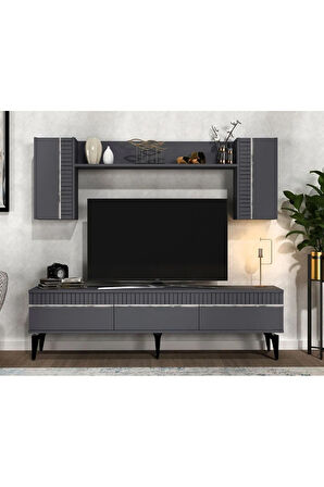DEFNEDH 180 CM TV ÜNİTESİ VE KONSOL  2'Lİ SALON TAKIMI ANTRASİT GÜMÜŞ