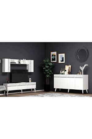 DEFNEDH 180 CM TV ÜNİTESİ VE KONSOL  2'Lİ SALON TAKIMI BEYAZ GÜMÜŞ
