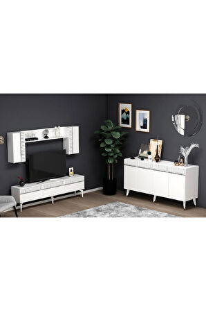 DEFNEDH 180 CM TV ÜNİTESİ VE KONSOL  2'Lİ SALON TAKIMI BEYAZ GÜMÜŞ