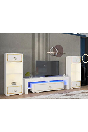 Lisadh Kitaplık Tv Sehpası Takımı Beyaz Altın