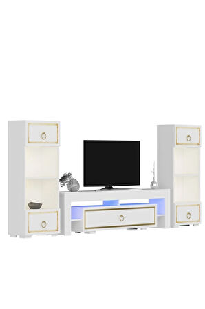Lisadh Kitaplık Tv Sehpası Takımı Beyaz Altın