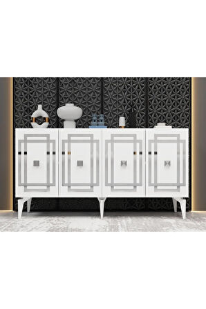 Lotusdh Konsol 4 Kapaklı Raflı Beyaz Gümüş