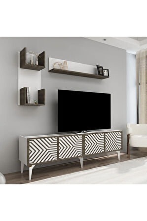 MERLİNDH TV ÜNİTESİ TAKIMI BEYAZ-(CEVİZ DESEN)