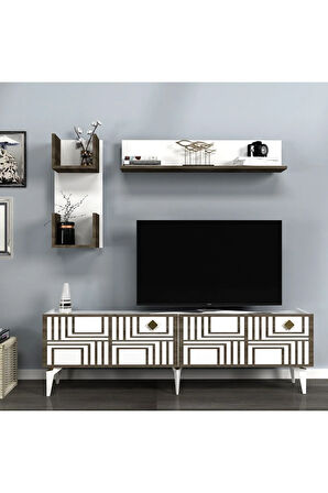 PİNEDH TV ÜNİTESİ TAKIMI BEYAZ-(CEVİZ DESEN)