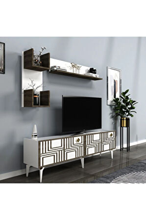 PİNEDH TV ÜNİTESİ TAKIMI BEYAZ-(CEVİZ DESEN)