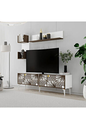 TUCASDH TV ÜNİTESİ TAKIMI BEYAZ-(CEVİZ DESEN)
