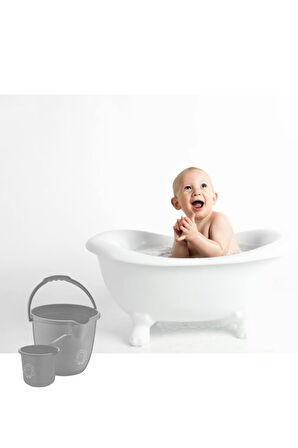 2’li Bebek Banyo Su Kovası ve Maşrapası Seti, Saplı Oluklu Kova 13lt ve Maşrapa 1,5lt Set Gri
