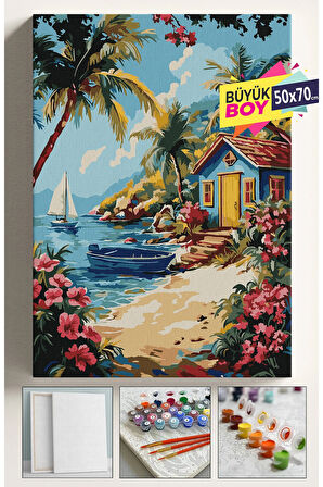 Sayılarla Boyama Seti Numaralı Tuval Fırça Boya Dahil Kasnaklı Set 50x70 Cm - DENİZ KENARI KULÜBE