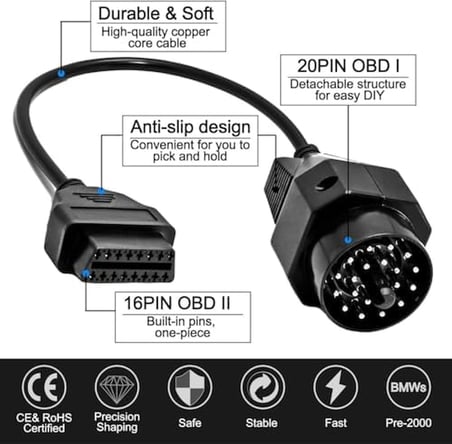 Obd2 16 Pin Fiş Teşhis Adaptörü Bmw 20 Pin Ile Uyumlu Soket Dönüştürücü Kablo