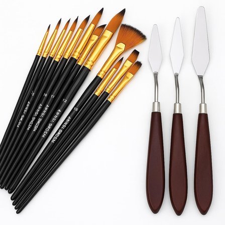Ressam Sanat Malzemeleri Seti 12’Li Fırça Seti + 5’Li Metal Spatula | Akrilik,, Yağlıboya Için Profe