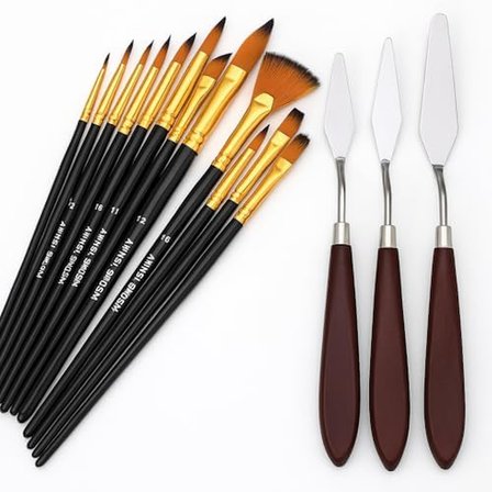 Ressam Sanat Malzemeleri Seti 12’Li Fırça Seti + 5’Li Metal Spatula | Akrilik,, Yağlıboya Için Profe