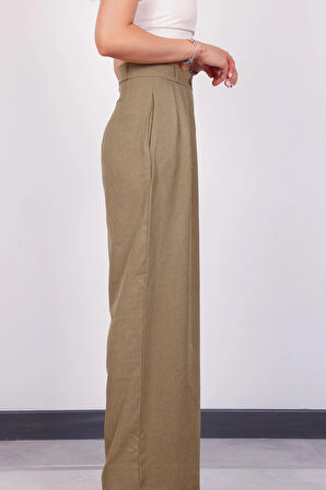 Kadın Haki Pile Detaylı Palazzo Pantolon