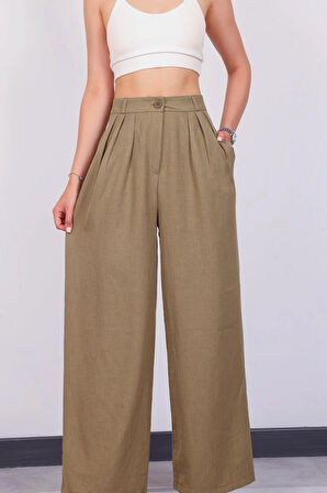 Kadın Haki Pile Detaylı Palazzo Pantolon