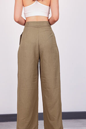 Kadın Haki Pile Detaylı Palazzo Pantolon
