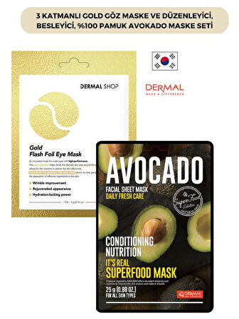 3 Katmanlı Gold Göz Maske ve Düzenleyici, Besleyici, %100 Pamuk Avokado Maske Seti
