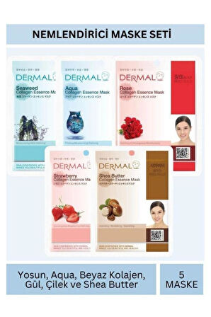 Nemlendirici Deniz Yosunu Aqua Gül Çilek Karite Yağı Özlü Maske Seti 23gr x 5Adet