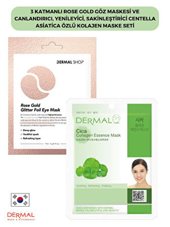 3 Katmanlı Rose Gold Göz Maskesi ve Canlandırıcı, Yenileyici, Sakinleştirici Centella Asiatica Özlü Kolajen Maske Seti