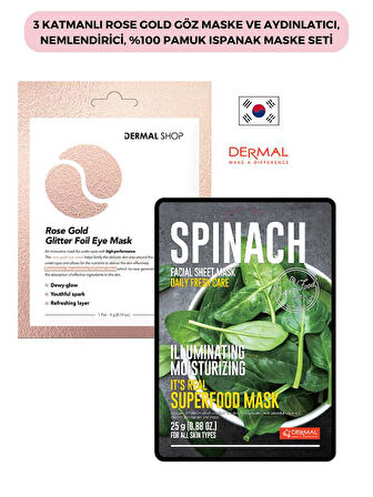 3 Katmanlı Rose Gold Göz Maske Ve Aydınlatıcı, Nemlendirici, %100 Pamuk Ispanak Maske Seti