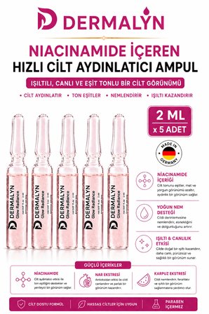 DERMALYN 5 Adet Niacinamide İçeren Hızlı Cilt Aydınlatıcı Glow Etkili Nemlendirici Ampul Serum Dermaroller
