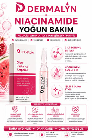 DERMALYN 5 Adet Niacinamide İçeren Hızlı Cilt Aydınlatıcı Glow Etkili Nemlendirici Ampul Serum Dermaroller