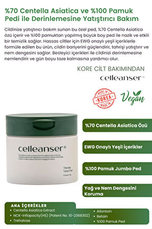 CELLEANSER Centella Asiatica Içeren %100 Pamuktan Yapılmış Nemlendirici Temizleme Pedi Therapy Toner Pad