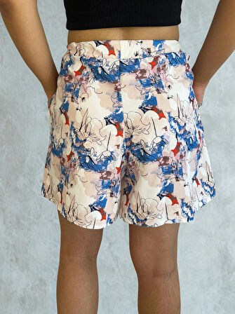 Perinaz Bel Lastik Detaylı Desenli Cepli Şort