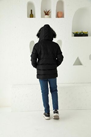 Kapşonlu İçi Yünlü Erkek Çocuk Şişme Mont