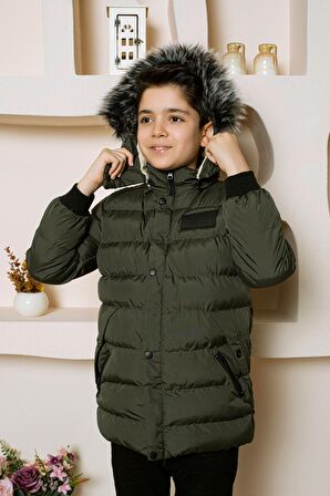 Kapşonlu İçi Yünlü Erkek Çocuk Şişme Mont