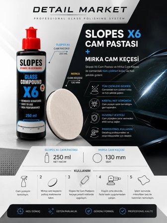 Detail Market Slopes Cam Çizik Giderici Pasta 250 ml ve Mirka Cam Keçesi 130 mm Set