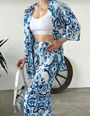 Kadın Desenli Kimono Ve Pantolon İkili Takım