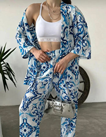 Kadın Desenli Kimono Ve Pantolon İkili Takım