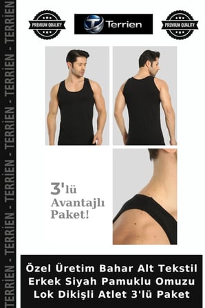 Özel Üretim Bahar Alt Tekstil Erkek Siyah Pamuklu Omuzu Lok Dikişli Atlet 3'lü Paket