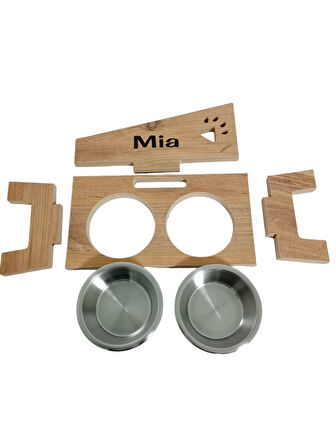 Kedi Köpek Mama ve Su Kabı - Özel İsim Baskılı - Pençe Modeli - Sabit Ayak - Meşe MDF - Çelik Kase - 2*350ml