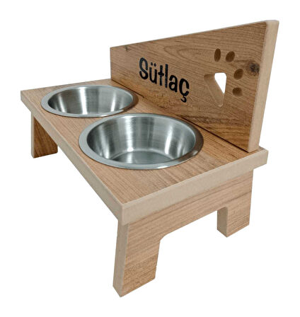 Kedi Köpek Mama ve Su Kabı - Özel İsim Baskılı - Pençe Modeli - Sabit Ayak - Meşe MDF - Çelik Kase - 2*350ml