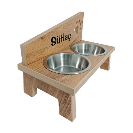 Kedi Köpek Mama ve Su Kabı - Özel İsim Baskılı - Pençe Modeli - Sabit Ayak - Meşe MDF - Çelik Kase - 2*350ml