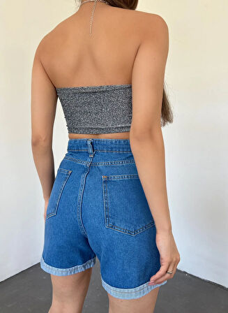 Kadın Duble Paça Yıkamalı Denim Şort